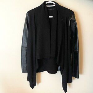 All Saints Wrap Merino Wool Sweater with Faux Leather Sleeves - Black XS